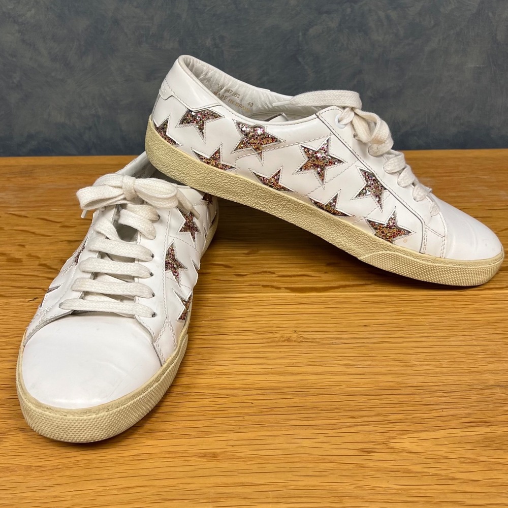 Saint Laurent Glitter Star Court Sneakers White‎ Leather Casual Sz 40/9.5 10